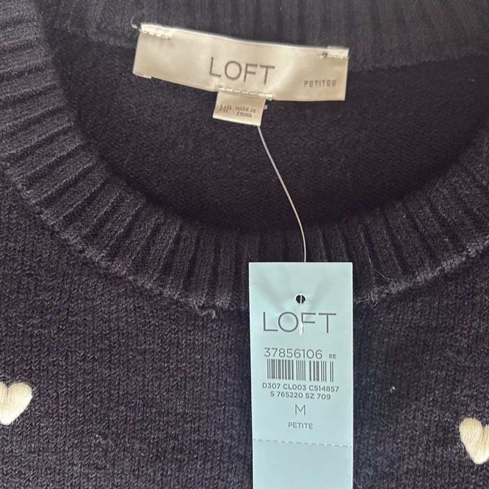 Loft sweater black/white hearts. NWT. Size Petite Medium. - Picture 2 of 4